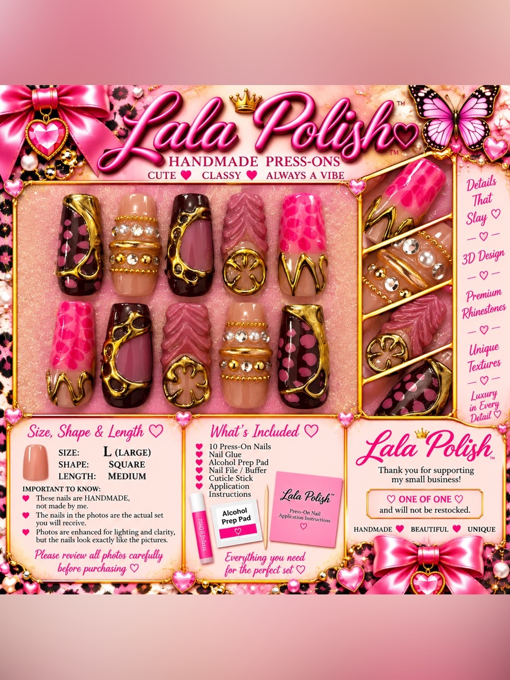 #10 Handmade Press-On Nails - Pink & Gold Accent Set